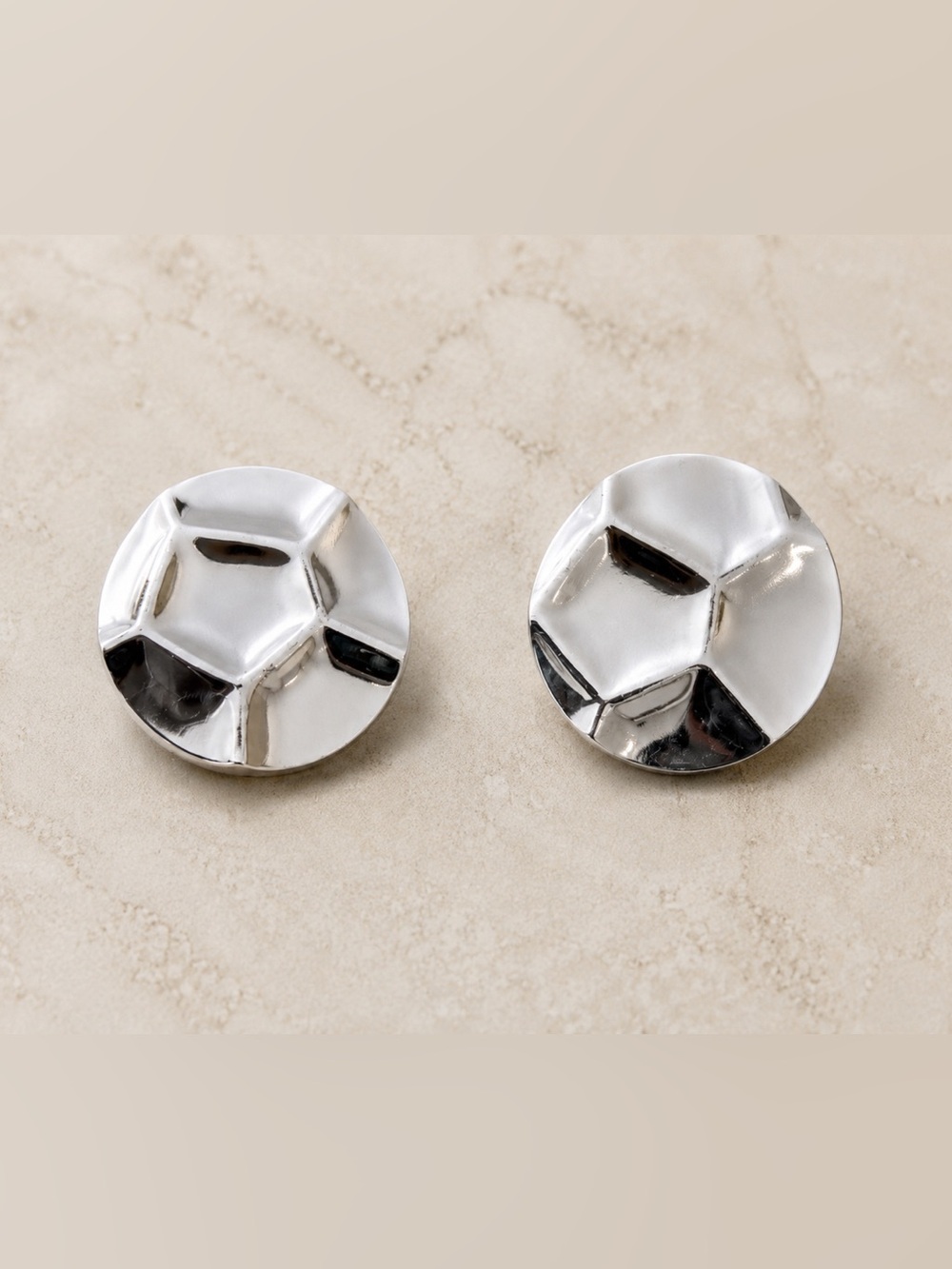 Vintage Round Textured Dome Earrings - Silver Tone